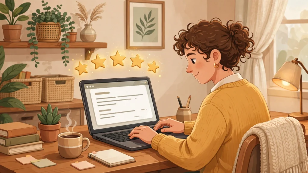 How to Review Amazon Products: The Complete Guide (2026) Illustration of a person writing an Amazon product review on a laptop