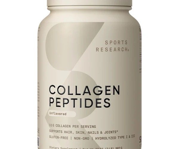 Sports Research Collagen Peptides powder container — unflavored hydrolyzed Type I & III bovine collagen