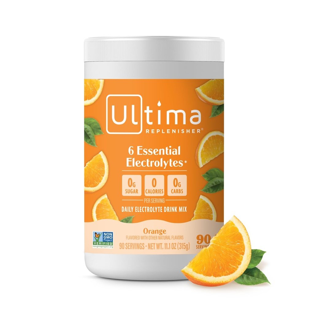 Ultima Replenisher electrolyte powder canister, Orange flavor shown