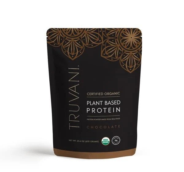 Truvani vegan pea protein powder chocolate tub