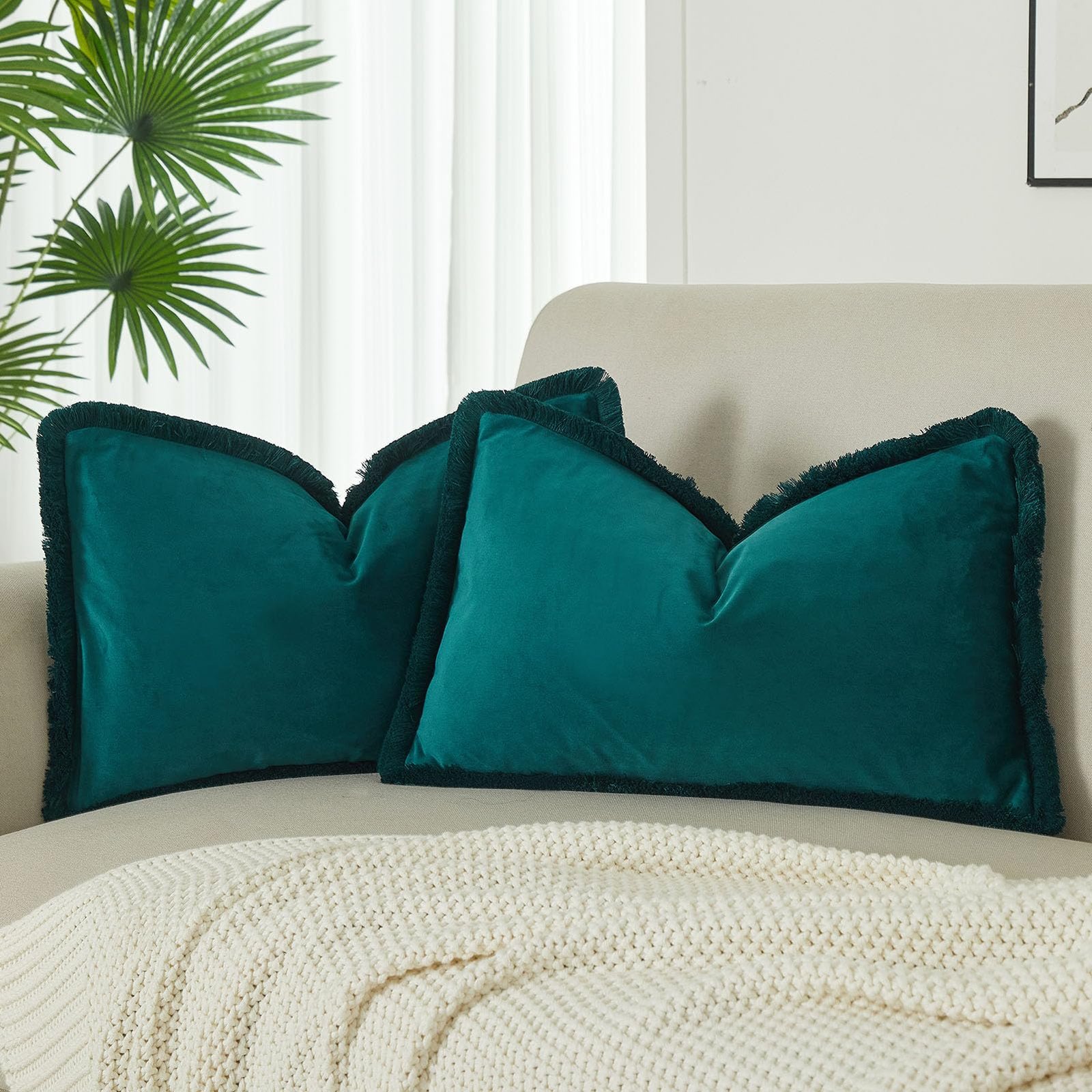 JUSPURBET Peacock Blue Velvet Fringe Pillow Covers 22x22, Set of 2
